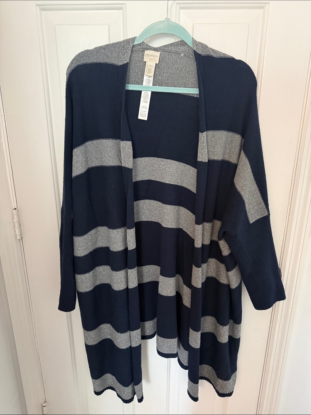 Zenergy by Chicos Navy and Silver Metallic Stripe Open Cardigan